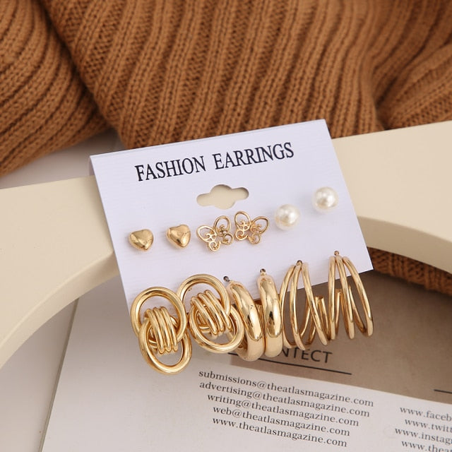 Geometric Pearl Metal Trendy Drop Earring Set