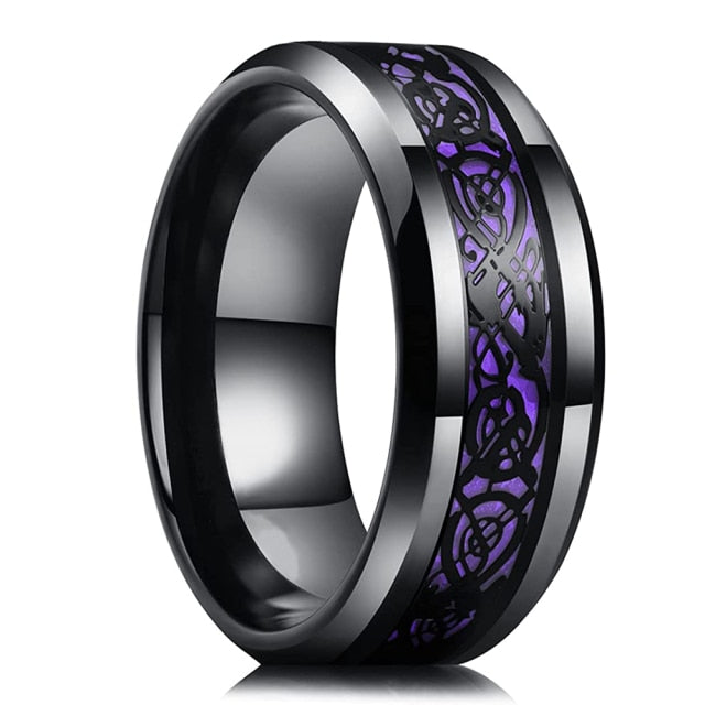 8 Colors, 8mm Men's Stainless Steel Dragon Ring. Inlay Red Green Black Carbon Fiber Ring. Wedding Band Jewelry. Size 6-13.