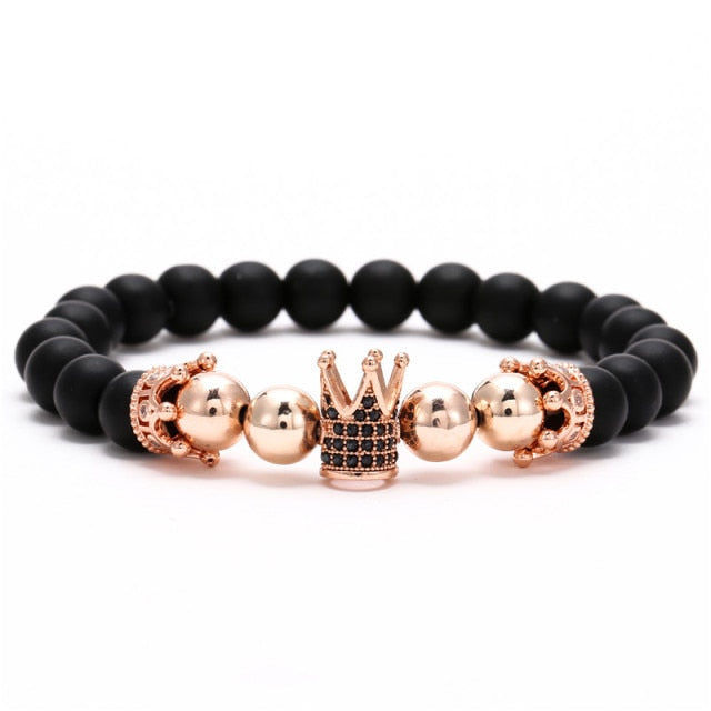 Fashion Micro CZ King crown charm bracelet handmade stretch men's 8mm Copper beads women bracelet bangle jewelry